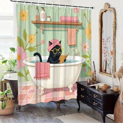 1/4pcs Vintage Cat Shower Curtain, Black Cat With Glasses & Pink Turban, Bathtub Reading Design, Retro Floral Polyester Bathroom Decor, 70.8x70.8 Inches With 12 Hooks, Washable And Line Dry