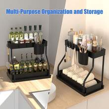1pc Under Sink Organizers Black/White, 2 Tier Large Capacity Pull Out Kitchen & Bathroom Under Sink Drawer Organizer Space Saving, Black Storage Solution,Double Layer L Shaped Sliding Storage Organizer, Multi Functional Bathroom Caddy For Cosmetic, Cleaning Supplies, Great For Bathroom, Kitchen, Vanity Bathroom Accessories - Black - View 4