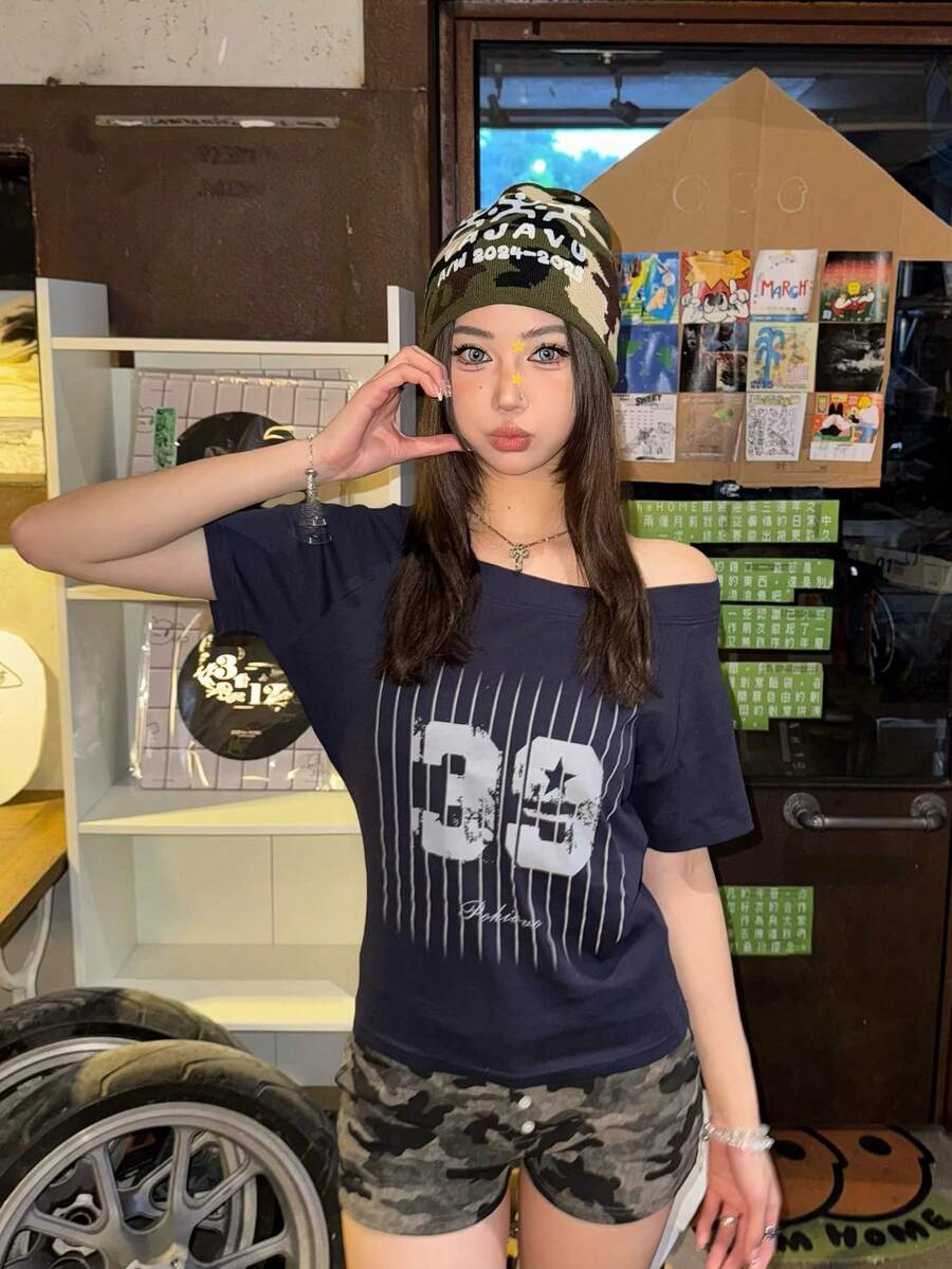 夏季美式运动时尚不对称肩部短袖T恤(女款) - 藏蓝色 - 查看 1