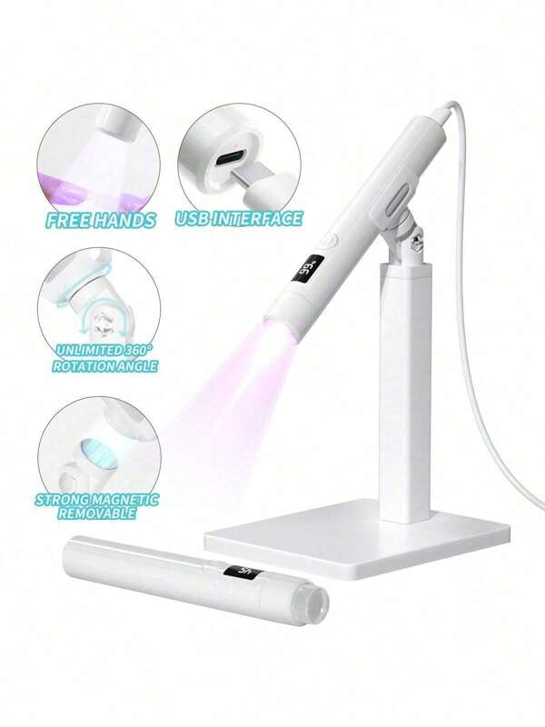 1Pc Mini Rechargeable UV LED Nail Lamp For Gel Nails,Quick Dry Nail Phototherapy Machine UV LEDs Gel Polish Nail Dryer Lamp Manicure Tool Rechargeable Salon Equipment White Handheld Manicure Word Lamp With Screen Display Bracket 360 Degrees Rotary Multifunctional Rack Stick Nail Tip Heating Lamp Lamp Bracket