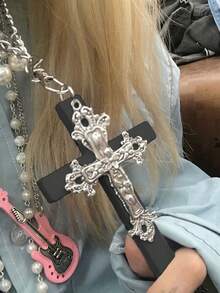 1 件藤蔓十字架项链，时尚哥特式 Y2K 银十字架项链，信仰十字架项链适合男女日常佩戴、聚会、角色扮演配饰