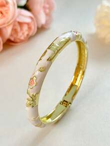 1 pieza Brazalete de estilo vintage con esmalte floral dorado, pulsera dorada, accesorio de joyería apta para niñas y mujeres, uso diario y regalo para festividades