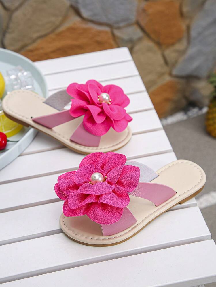 Summer New Fashionable Rhinestone Beaded Girls' Soft Bottom Square Toe Slippers - Hot Pink - View 3