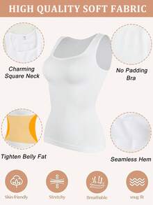 Slimming Women Tummy Control Shapewear Abdomen Compression Camisole Cami Vest Tank Top Body Shaper Ladies Underwear Undershirts Shaping Tops Shirts Wide Shoulder Strap No Pad - White - View 5