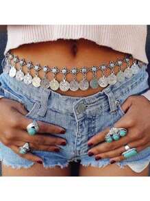 1 pieza Cadena bohemia larga con borlas para la cintura, colgante de moneda de metal vintage para mujer, cinturón para bikini, baile latino