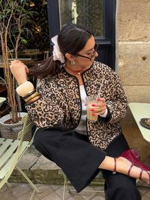 Jaket Musim Dingin Wanita SHIBASHAN Vintage Ringan Motif Leopard Berlapis dengan Kantong, Lengan Panjang, Leher Bulat - Macan Tutul - View 5