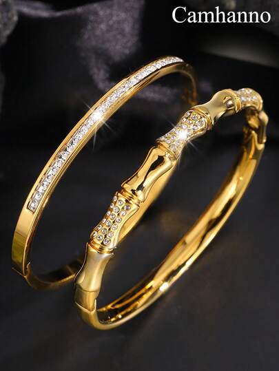 Camhanno 2pcs Of Simple And Fashionable, Elegant And Charming Stainless Steel Zirconia Different Shapes And Styles Bracelet Combination, Add Points To Your Beauty, Suitable For Daily Wear To Send Lovers/Best Friend