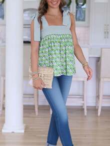 Peplum Babydoll Tank Tops For Women Boho Floral Print Tie-Up Wide Straps Sleeveless Cami Tops Going Out Shirts - 綠色 - 查看 3