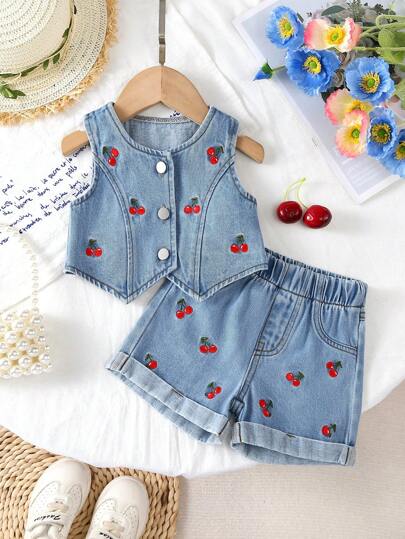 2件套女婴可爱甜美樱桃刺绣牛仔幼儿服装套装
