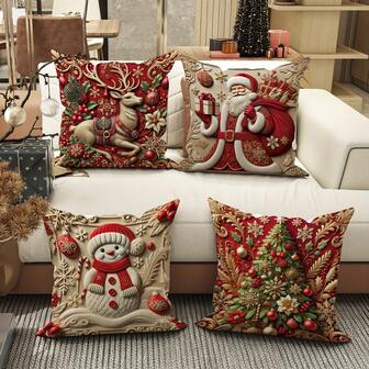 4pcs Christmas Pillow Covers - 15.75 X 15.75 Inch Set (Pillow Inserts Not Included) Santa Claus, Snowman, Christmas Tree, Reindeer Pattern, Soft & Comfortable Bedroom Living Room Decorative Throw Pillow Covers; Machine Washable With Zipper Closure, Suitable For Sofa, Patio, Bedroom, Various Room Types, Holiday And New Year Decor, Holiday Parties, Christmas Parties Home Decor Christmas Decorations Winter Christmas Decorations Home Christmas Gifts Christmas Decor