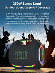 ZEALOT ZE21 250W Wireless Speaker, Outdoor Portable, Bluetooth Speaker, 48000mAh Long Battery, With RGB Color Lights, Up To 8 Hours Of Playback Time, Supports Mobile Phones/Tablets/TVs. Compatible With SD Card/USB/AUX, Serial Pairing Function, Suitable For/Car/Outdoor/Camping/Beach/Party - Black - View 7