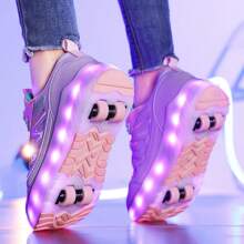 夏季 LED 灯运动轮滑鞋，适合青少年、学生、成人和情侣，时尚透气低帮运动鞋，可转换室内/室外轮滑鞋 - 粉色 - 查看 12