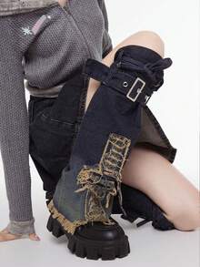 Y2K 复古美式牛仔暖腿套，性感仿皮裤袜，纽扣设计及膝套 - 彩色 - 查看 4