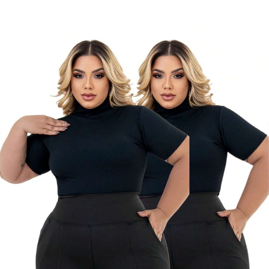 Kit Of 2 Plus Size Cacharrel Women's Blouses With Ribbed Turtleneck, GG To G3 - 2 Black - View 1