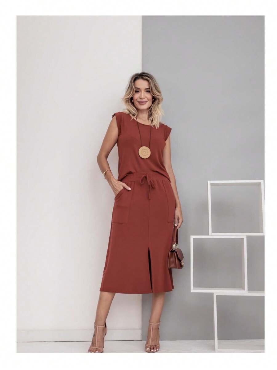 Women's Premium Fleece Midi Skirt Set - Cinnamon - View 1