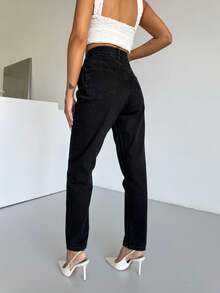 Hoch taillierte Knie Laser zerrissene Freund Mutter Jeans, einfarbig zerstört asymmetrische/asymmetrische Taschen