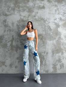 Women's Casual Fashion Pocket Zipper Button Wide Leg Jeans - Mint Blue - View 3