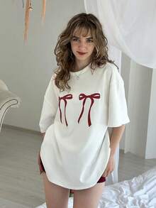 Camiseta para mujer con corte Oversize 100% algodón con cuello redondo y manga corta con diseño cute de moños Playera cómoda y suave - Blanco - Ver 3