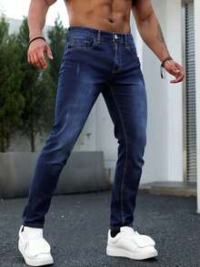 Jeans skinny para hombre en denim azul, ajustados y modernos, ideal para estilos casuales - Azul lavado oscuro - Ver 2