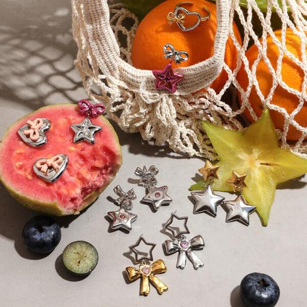 Uworld Silver Metal Heart Star Drop Earrings Stainless Steel Anti Allergy Premium Jewelry Daily Waterproof Stud Earring