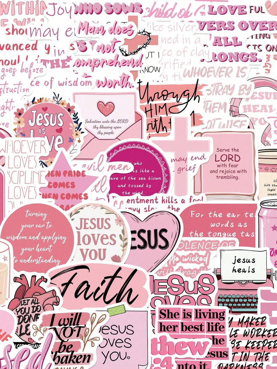 50pcs Pink Bible Jesus Graffiti Scripture Creative Stickers Decorative Mobile Phone Case, Water Cup, Guitar, Computer Waterproof Decals