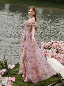 Faeriesty 奢华优雅露肩花卉晚礼服，荷叶边袖子和高开衩，花卉印花欧根纱修身紧身胸衣 - 适合婚礼、花园派对、舞会和浪漫春晚的正式礼服 - 粉色 - 查看 5