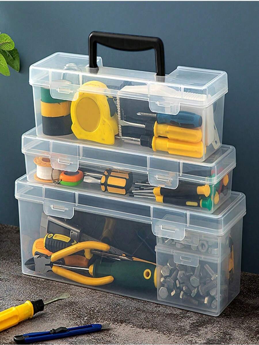 家用多功能五金工具箱，透明便携式工具收纳盒，用于扳手、螺丝、配件和零件