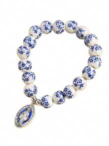 1pc Virgin Mary Letter Cross Geometry Star Heart Beaded Pendant Bracelet, Multicolor Natural Stone & Metal, Elegant For Party & Chinese Style