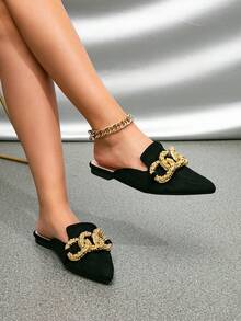 Donne, scarpe slip-on alla moda con catena metallica, punta affusolata, colore unito, tacco piatto, stile urbano, colore nero, stile urbano, materiale , pantofole - nero - Visualizzare 5