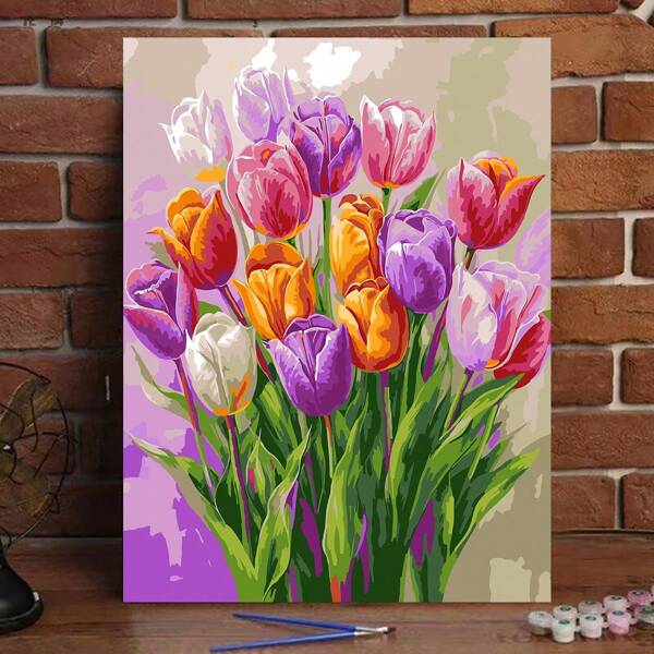40*50cm DIY Digital Oil Painting Kit For Adults, Includes Paint, Brushes, Designed With Colorful Tulips, Great For Stress Relief, Room Decor, Wall Art, Beginner Painting, Ideal Gift For Friends (No Frame)