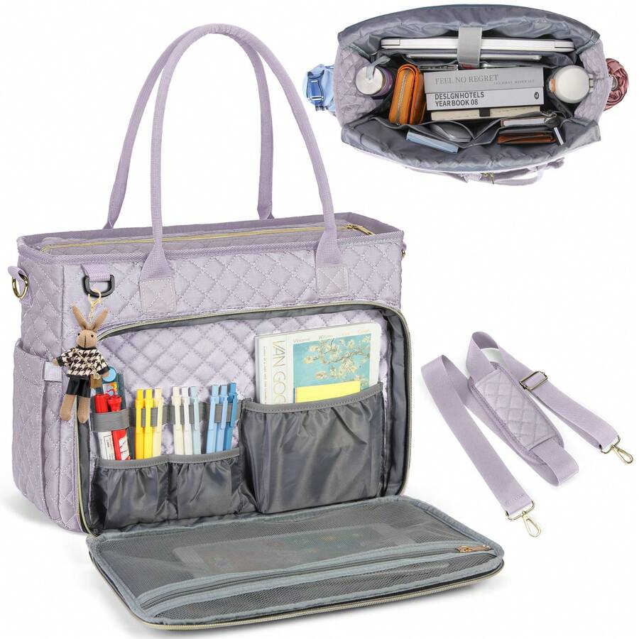 Teacher Tote Bag 15.6 Inch Laptop Bag For Women Work Bag Laptop Tote Nurse Bag Professional Computer Messenger Bag With Insulated Pocket, Laptop Briefcase For Office, College, Nursing - 灰紫色 - 查看 1