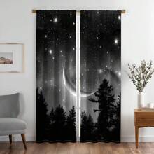 2pcs Starry Night Forest And Moon Pattern Blackout Curtains - Contemporary Peach Light Beige Velvet, 100% Polyester, Bohemian Style, Light Beige, For Living Room, Bedroom, Kitchen, Study, Dining Room (Rod Not Included), Curtains For Living Room