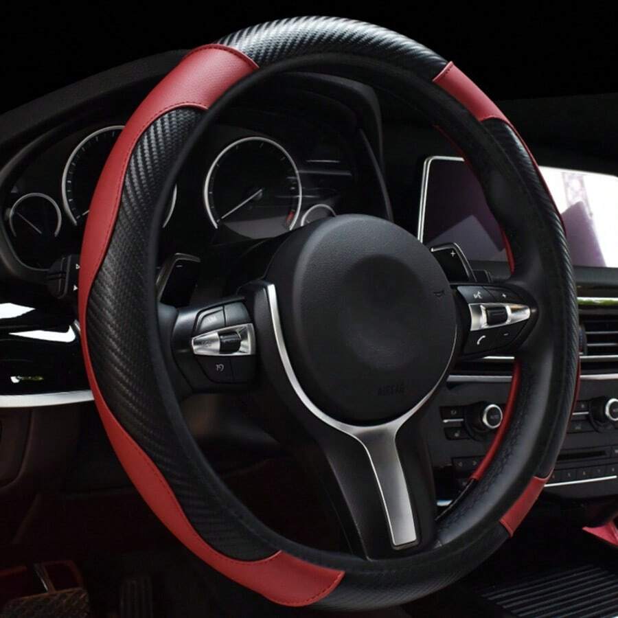 1pc/ 2pcs Durable Carbon Fiber Steering Wheel Cover - Anti-Slip, Slip-Resistant Design, Premium Faux Leather, Universal - Stylish Car Interior Accessory For Women And Men - 酒紅色 - 查看 1