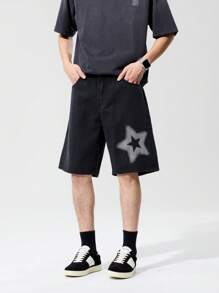 1pc Star Print Pattern Bermuda Loose Men's Denim Shorts - Black - View 4