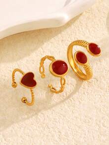 3 件套不锈钢几何心形开口戒指套装，简约红色渐变女款，适合日常和节日佩戴 - 彩色 - 查看 7