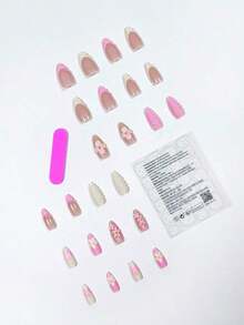 24Pcs Minimalism Style Yellow & Pink Flower Decor French Manicure Medium Almond Shaped Artificial Nail Tips, Suitable Office Ladies, Daily Wear, Dates, Afternoon Tea, Outdoor Activities Press On Nails Nail Supplies Nails - Nhiều màu 7 - Xem 3