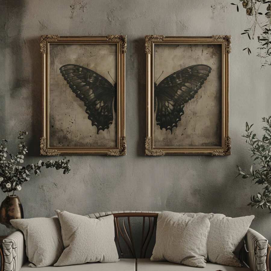 2 件/套、帆布墙饰、带框墙饰、复古暗黑蝴蝶、维多利亚风格墙饰、乡村农舍装饰、哥特式自然家居装饰、复古油画美学、哥特式艺术、适用于客厅装饰、卧室装饰、浴室装饰、房间装饰、宿舍装饰、餐厅和厨房装饰、鬼屋或万圣节派对装饰、万圣节家居装饰、万圣节装饰礼品、秋季装饰、万圣节装饰、万圣节 - 彩色 - 查看 1