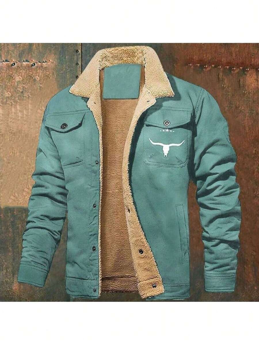 Official Flagship Store Boyfriend Gifts Men's Clothing Men's Winter Sherpa Lined Warm Trucker Coat Multi Pocket Casual Collared Menswear Tops Outdoor Long Sleeve Fashion Menswear Men's Cargo Casual Fleece - 藍綠色 - 查看 1