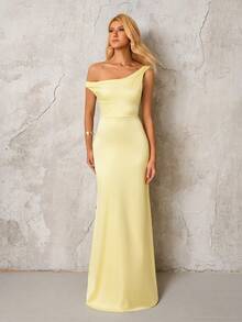 Cold Shoulder Ruched Trim Mermaid Hem Bodycon Elegant Formal Evening Gowns(Zipper,Sexy,Elastic Force) - Yellow - View 5