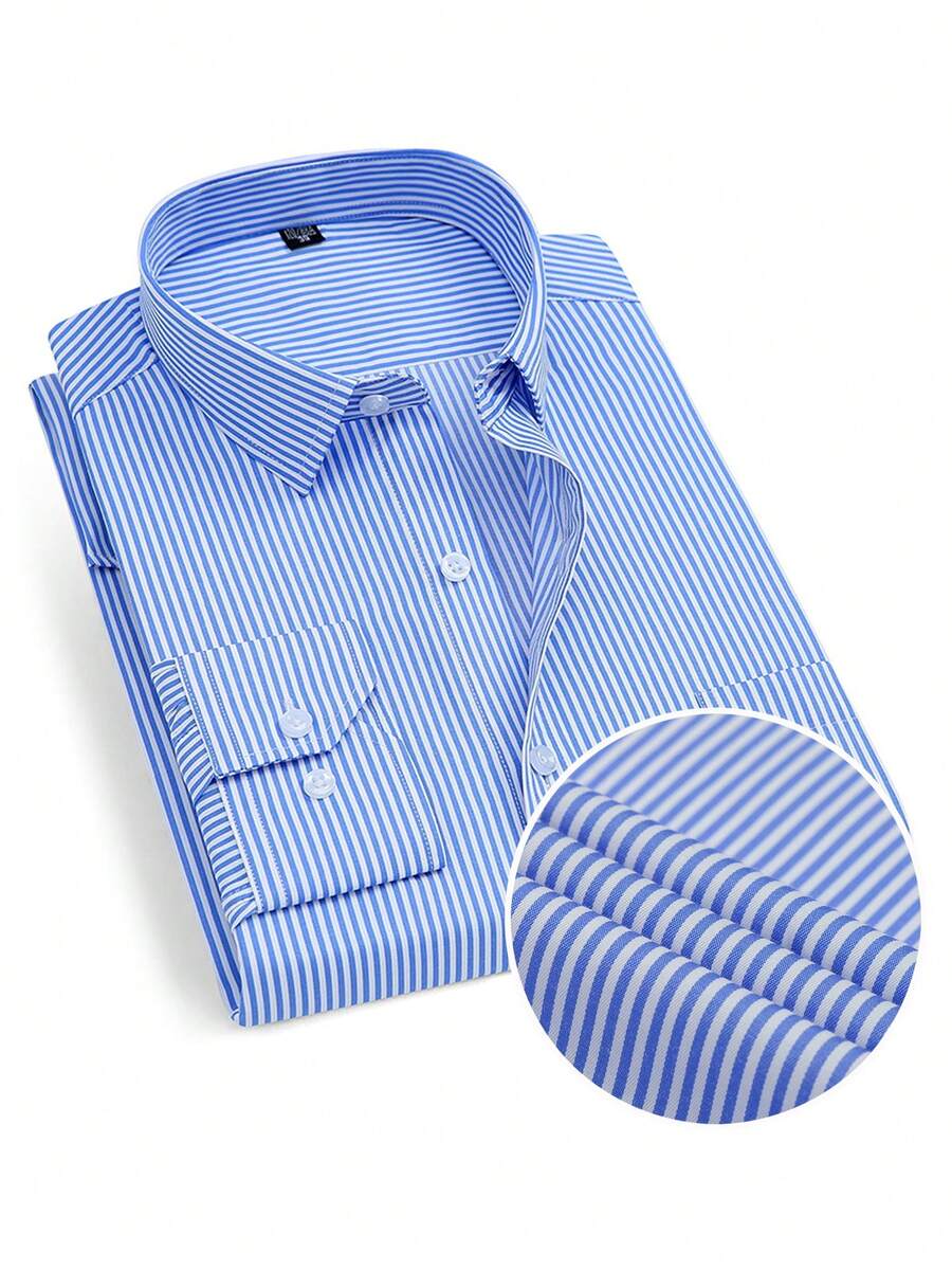 Audmroton Men's Long Sleeve Striped Dress Shirts, Regular Fit Comfy Cotton Blend Business Casual Button-Down Shirts With Front Pocket - 藍色 - 查看 1