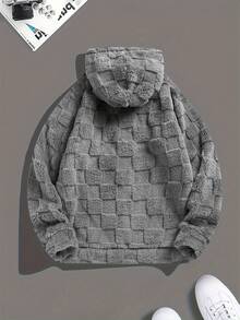 1pc Men Long Sleeve Jacquard Fleece Hooded Sweatshirt, Casual Everyday Wear,Letter Embroidery Teddy Hoodie, Embroidered Loose Plaid Fleece Hoodie Men's,Men's Winter Hoodie For Winter Daily Outing Plush - Grey - View 4