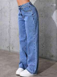 Girl's Casual High Waist Straight Leg Versatile Jeans, Suitable For Outings