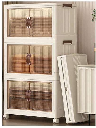 3-Tier Stackable Storage Box With Lid And Wheels, Foldable Wardrobe Organizer And Storage Box, Suitable For Home, Office, Dormitory, Snacks