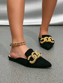 Donne, scarpe slip-on alla moda con catena metallica, punta affusolata, colore unito, tacco piatto, stile urbano, colore nero, stile urbano, materiale , pantofole - nero - Visualizzare 7