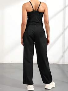 Women's Casual Pleated Loose Straight Leg Pants With Adjustable Shoulder Straps, Suitable For Spring And Summer Sports And Leisure Daily Travel, High-End Wide Leg Front Zipper Sleeveless Jumpsuit, Sexy Shoulder Strap Wide Leg Jumpsuit - màu đen - Xem 2