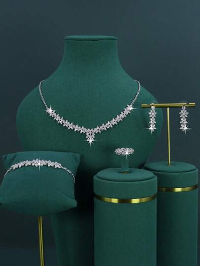 5pcs 18K Gold-Plated Luxury Royal Wedding Bridal Accessories Set, Handcrafted With White Cubic Zirconia, Including Necklace, Bracelet, Earrings, Ring, Suitable For Daily Wear And Wedding Anniversary Gifts