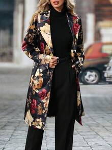 Long-Sleeved Floral Pattern Single-Breasted Suit Jacket - Màu Đỏ Sâu - Xem 4