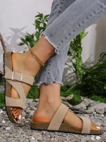 2025年夏季新款大码扣环厚底时尚一脚蹬厚软木底沙滩凉鞋女士防滑休闲