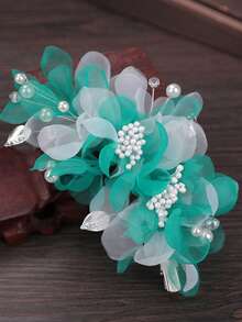 1 件手工真丝雪纺白色花朵蕾丝发夹，婚礼摄影新娘发饰 - 孔雀藍 - 查看 5