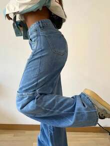 Girl's Casual High Waist Straight Leg Versatile Jeans, Suitable For Outings